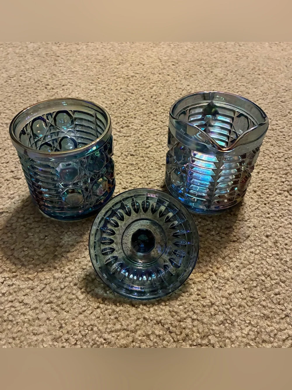 Vintage Iridescent Blue Indiana Carnival Windsor Glass Creamer & Sugar Bowl Set